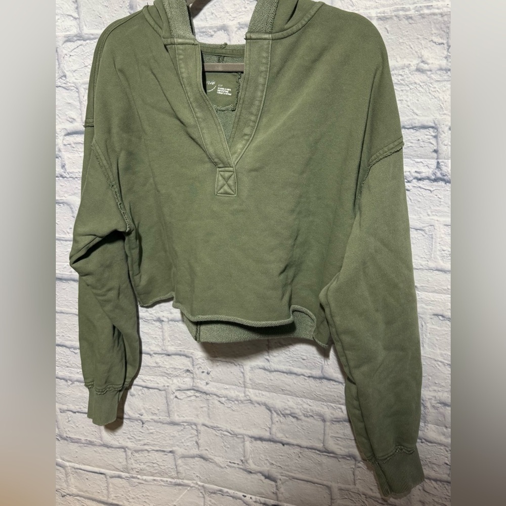 Aerie Olive Green Cropped Hoodie, Size Small - Picture 3 of 5